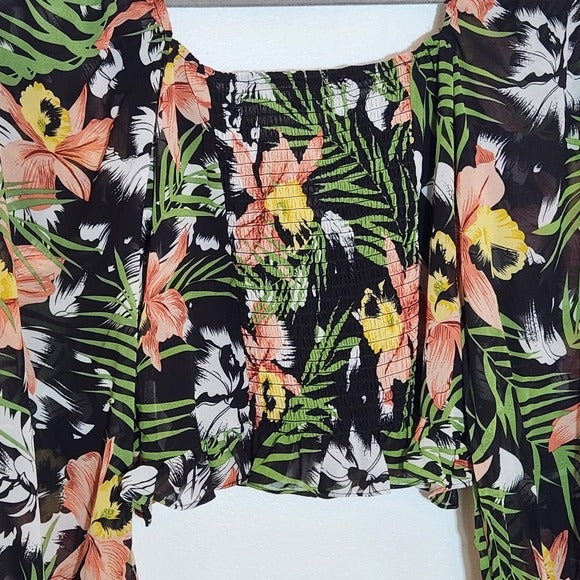 Milk & Honey Black Floral Lace-Up Cropped Blouse Size Large NWOT