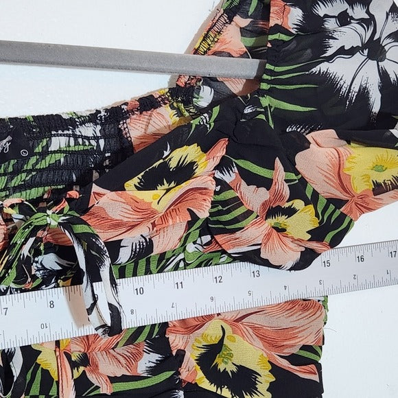 Milk & Honey Black Floral Lace-Up Cropped Blouse Size Large NWOT