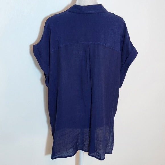 Como Black Navy Short Sleeve Button-Up Blouse Size XL