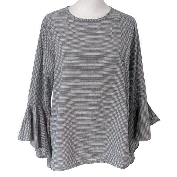 2Hearts Navy Striped Blouse with Bell Sleeves Size Medium Striped Boho Top