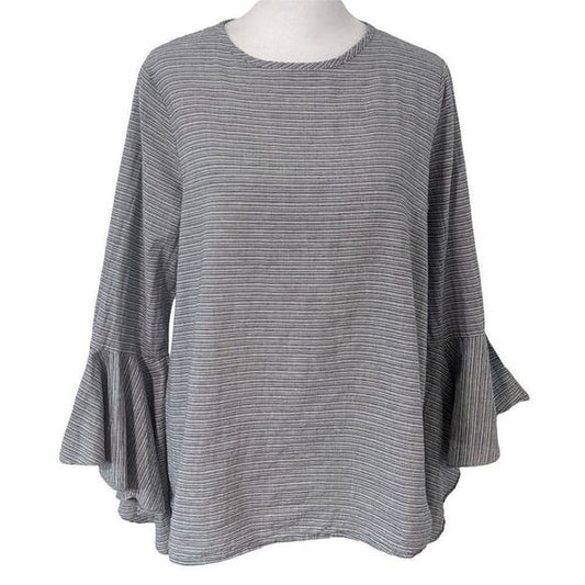 2Hearts Navy Striped Blouse with Bell Sleeves Size Medium Striped Boho Top