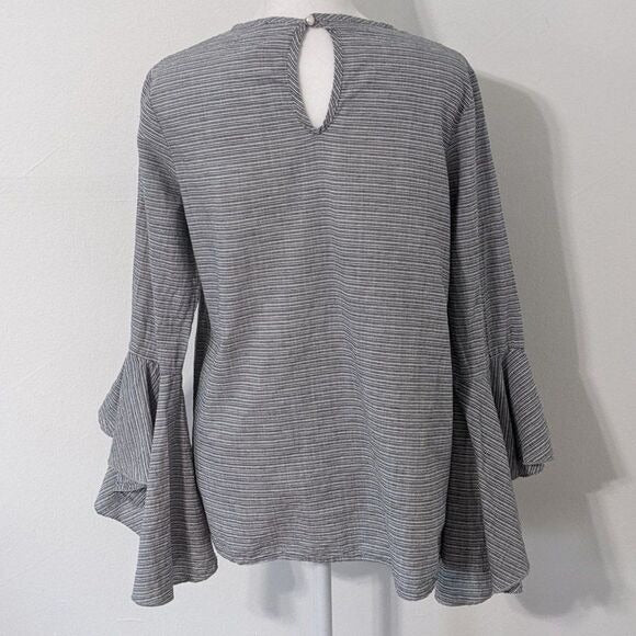 2Hearts Navy Striped Blouse with Bell Sleeves Size Medium Striped Boho Top