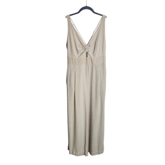Anrabess Beige V-neck Wide Leg Jumpsuit Size Large