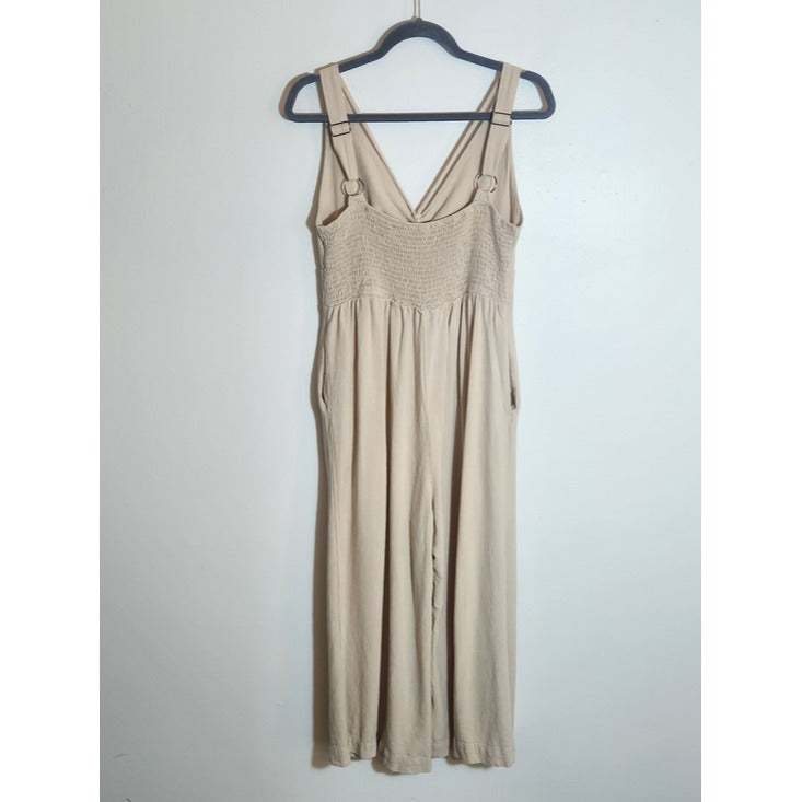 Anrabess Beige V-neck Wide Leg Jumpsuit Size Large