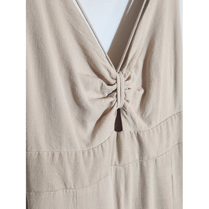 Anrabess Beige V-neck Wide Leg Jumpsuit Size Large
