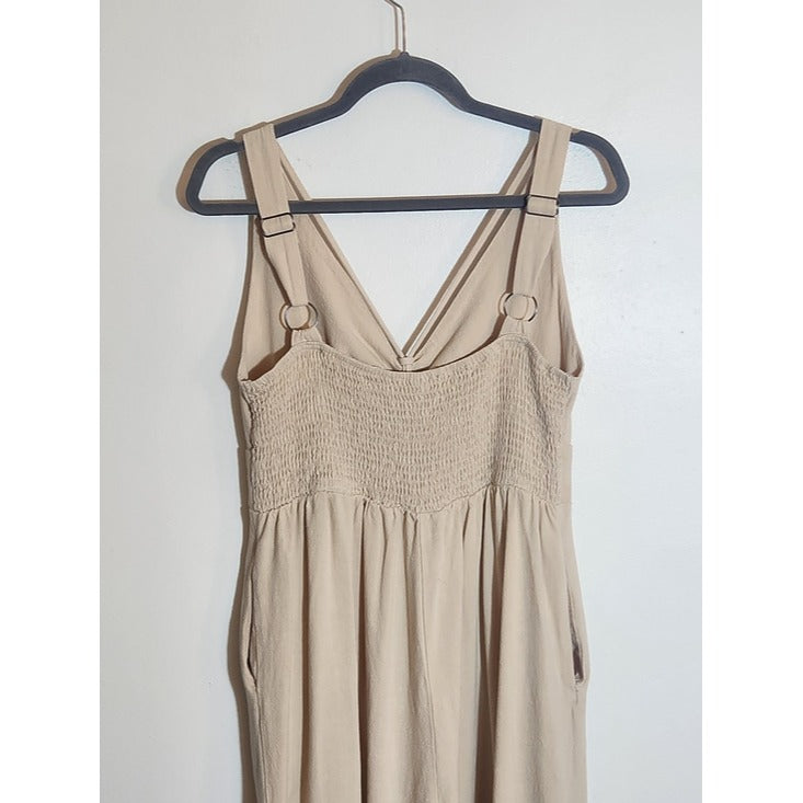 Anrabess Beige V-neck Wide Leg Jumpsuit Size Large
