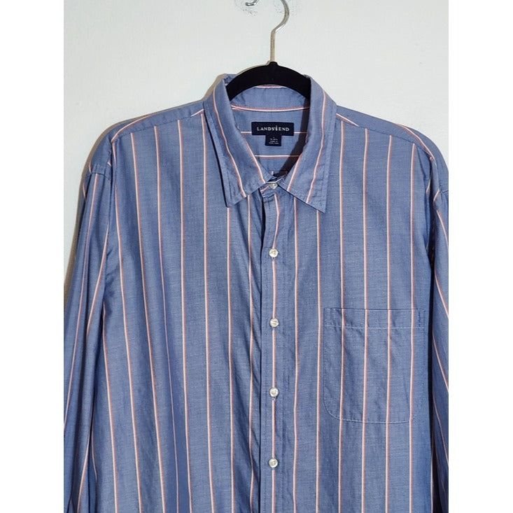 Lands' End Light Blue Striped Button Down Dress Shirt Size Large 18-18.5