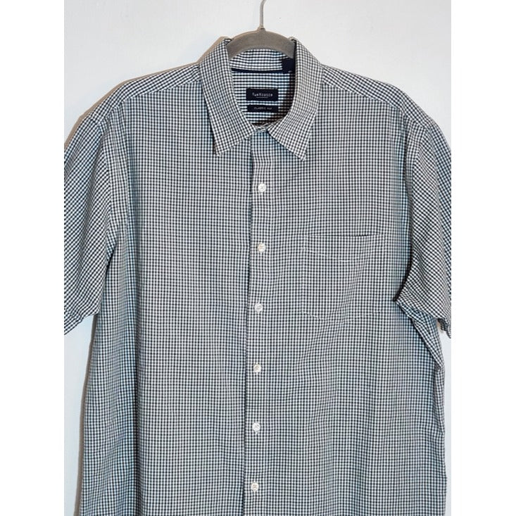 Van Heusen Blue and Brown Plaid Short Sleeve Button Down Shirt Size Large