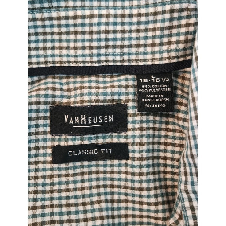 Van Heusen Blue and Brown Plaid Short Sleeve Button Down Shirt Size Large