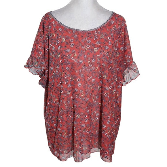 Max Studio Muted Red Floral Mesh Blouse Size 1X