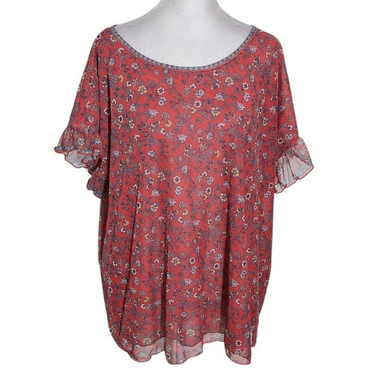 Max Studio Muted Red Floral Mesh Blouse Size 1X