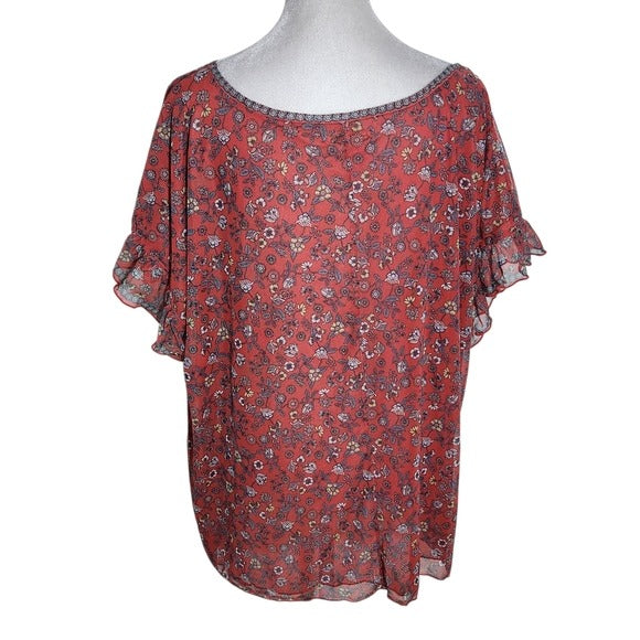 Max Studio Muted Red Floral Mesh Blouse Size 1X