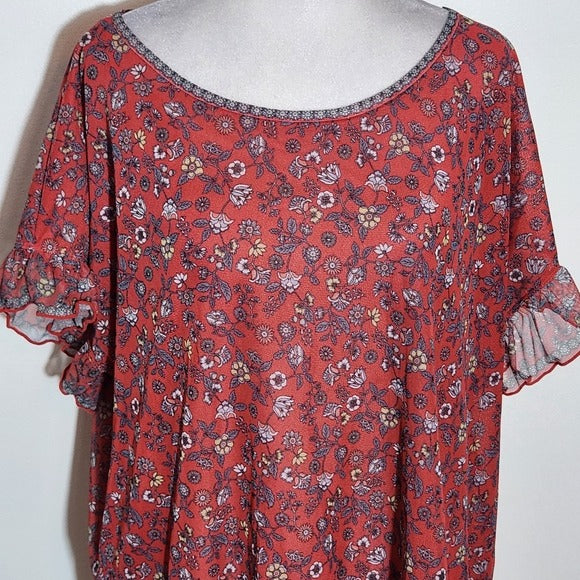 Max Studio Muted Red Floral Mesh Blouse Size 1X