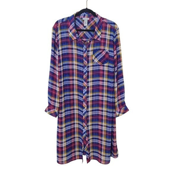 Catherines Blue and Pink Plaid Sheer Button-Down Tunic Size 1X Sheer Plaid Tunic