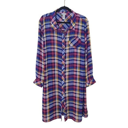 Catherines Blue and Pink Plaid Sheer Button-Down Tunic Size 1X Sheer Plaid Tunic