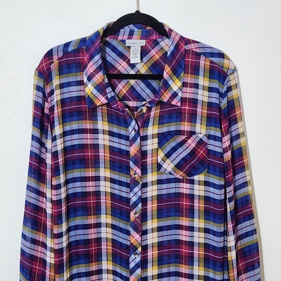 Catherines Blue and Pink Plaid Sheer Button-Down Tunic Size 1X Sheer Plaid Tunic