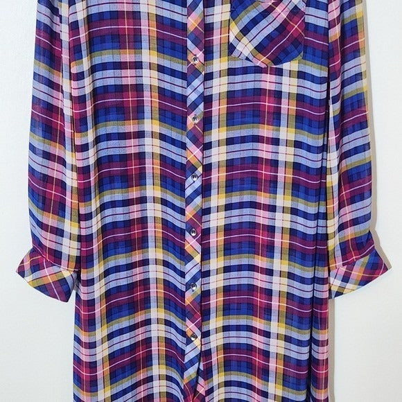 Catherines Blue and Pink Plaid Sheer Button-Down Tunic Size 1X Sheer Plaid Tunic