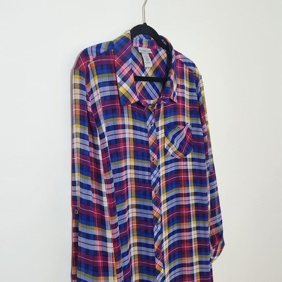 Catherines Blue and Pink Plaid Sheer Button-Down Tunic Size 1X Sheer Plaid Tunic
