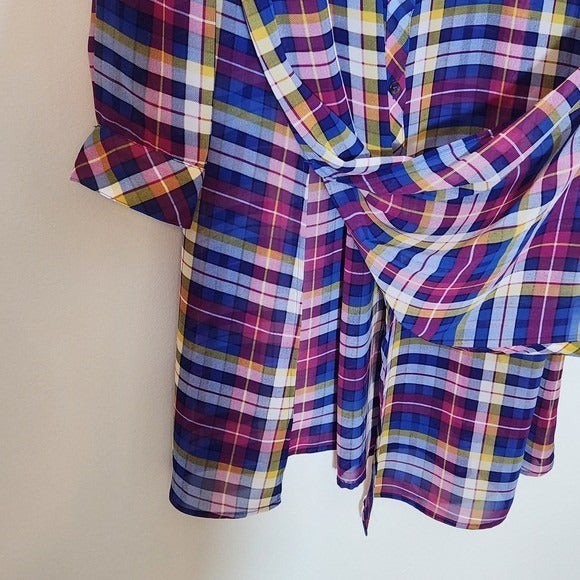 Catherines Blue and Pink Plaid Sheer Button-Down Tunic Size 1X Sheer Plaid Tunic