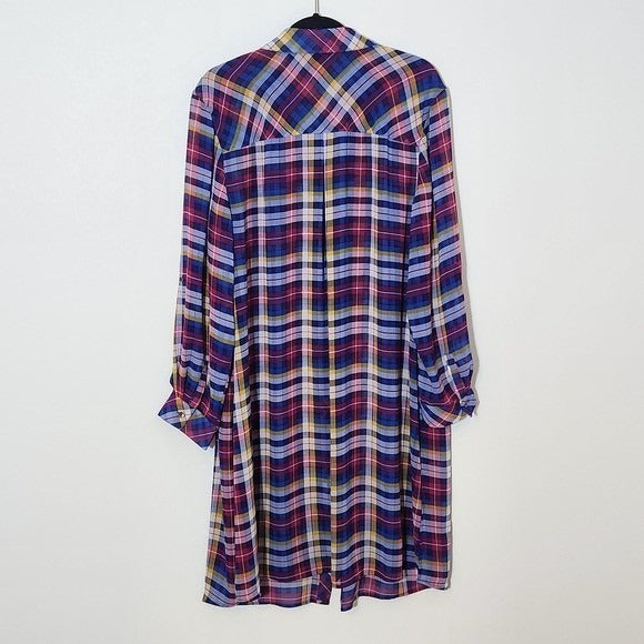 Catherines Blue and Pink Plaid Sheer Button-Down Tunic Size 1X Sheer Plaid Tunic