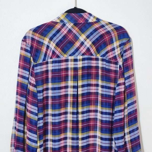Catherines Blue and Pink Plaid Sheer Button-Down Tunic Size 1X Sheer Plaid Tunic