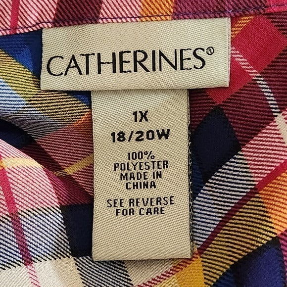 Catherines Blue and Pink Plaid Sheer Button-Down Tunic Size 1X Sheer Plaid Tunic