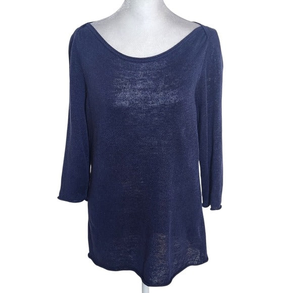 Eileen Fisher Navy Organic Linen Knit Top Size Small