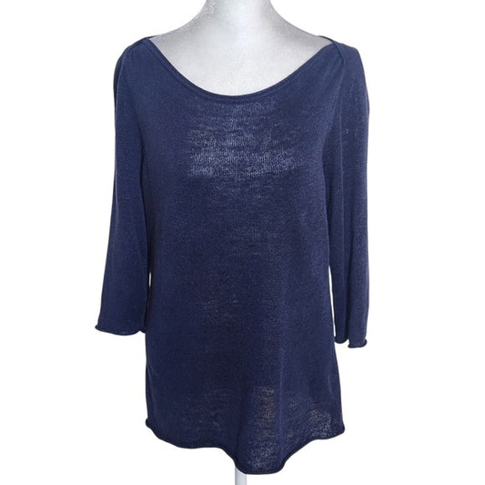Eileen Fisher Navy Organic Linen Knit Top Size Small