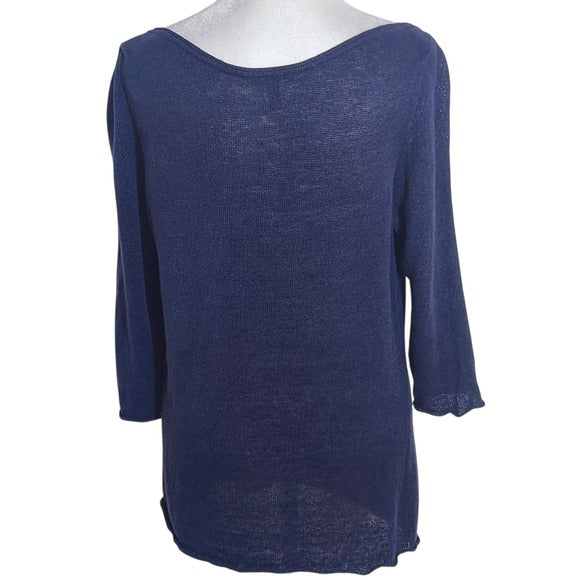 Eileen Fisher Navy Organic Linen Knit Top Size Small