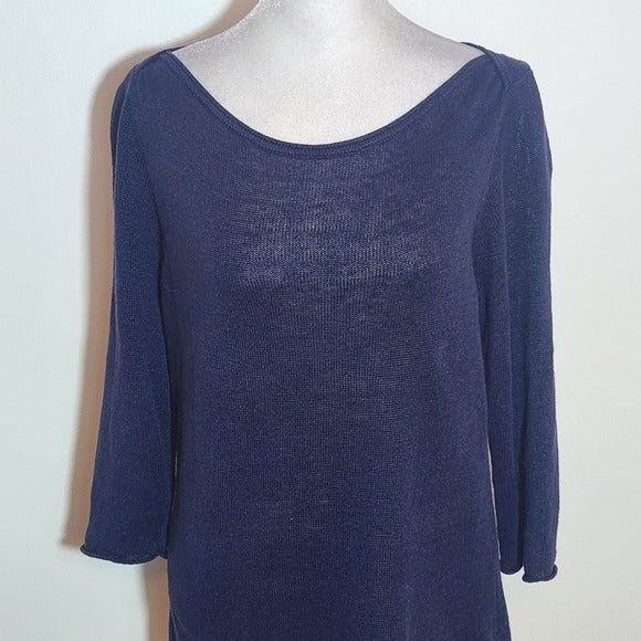 Eileen Fisher Navy Organic Linen Knit Top Size Small