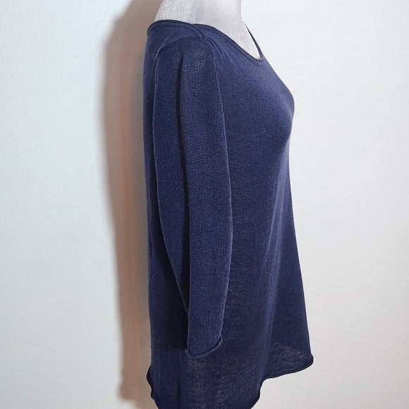 Eileen Fisher Navy Organic Linen Knit Top Size Small