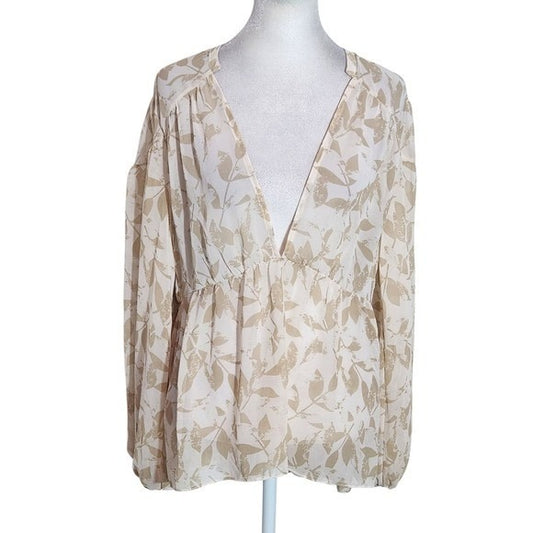 Cabi Tan Leaf Print Sheer Blouse Size Small Tan and White Sheer Top