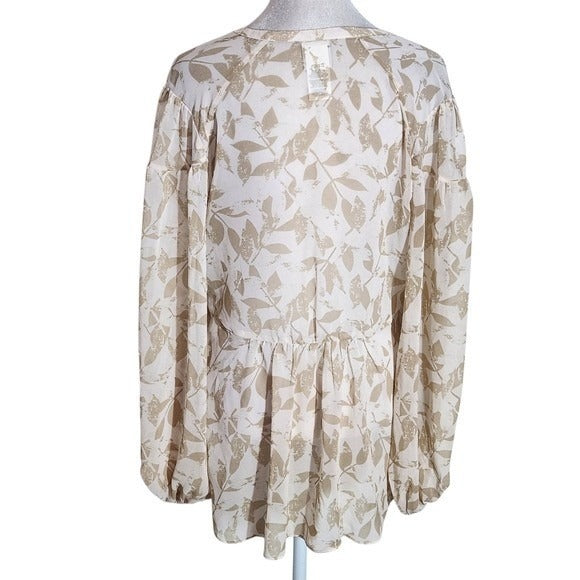 Cabi Tan Leaf Print Sheer Blouse Size Small Tan and White Sheer Top