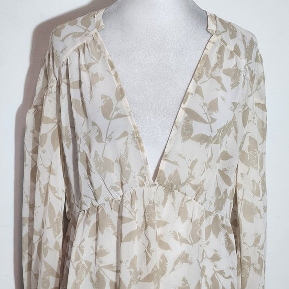 Cabi Tan Leaf Print Sheer Blouse Size Small Tan and White Sheer Top