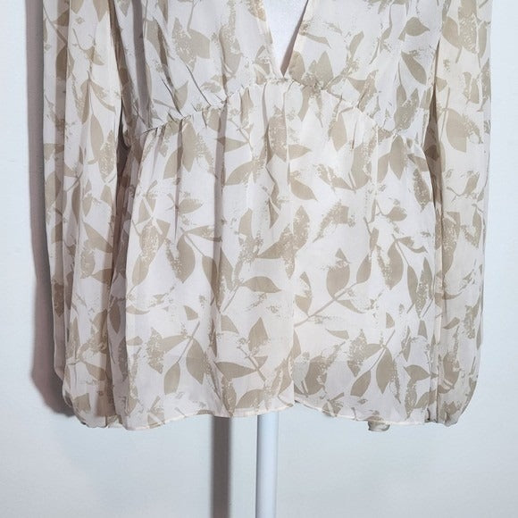 Cabi Tan Leaf Print Sheer Blouse Size Small Tan and White Sheer Top