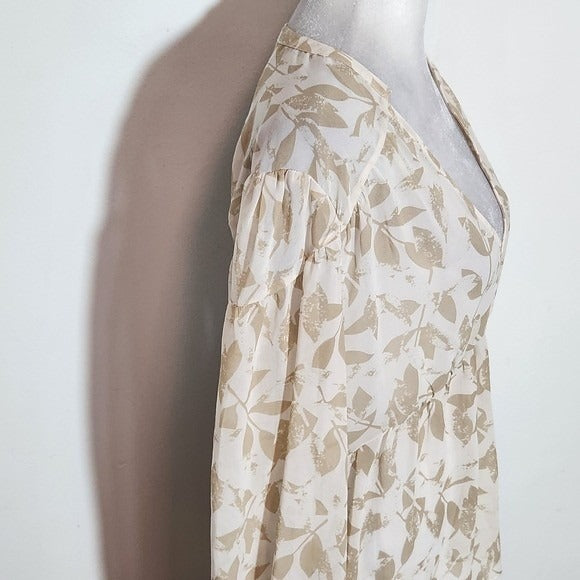 Cabi Tan Leaf Print Sheer Blouse Size Small Tan and White Sheer Top