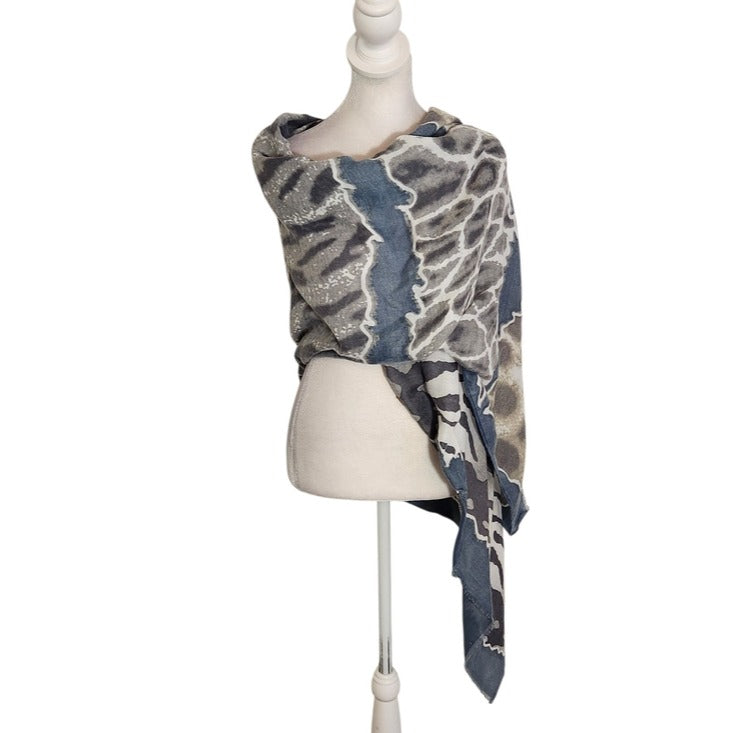 Blue and Gray Mixed Animal Print Scarf 34.5 x 70