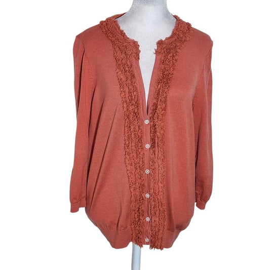 Talbots Dusty Coral Cardigan Sweater with Ruffle Accent Size Large