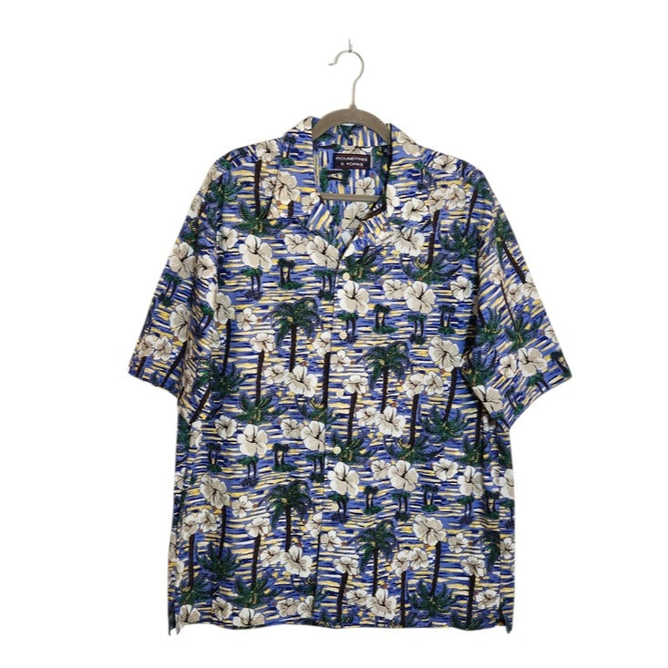 Roundtree & Yorke Blue Tropical Palm Print Hawaiian Shirt Size Medium