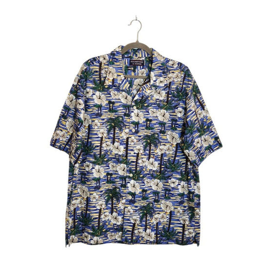 Roundtree & Yorke Blue Tropical Palm Print Hawaiian Shirt Size Medium