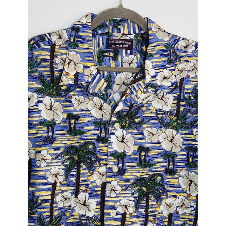 Roundtree & Yorke Blue Tropical Palm Print Hawaiian Shirt Size Medium