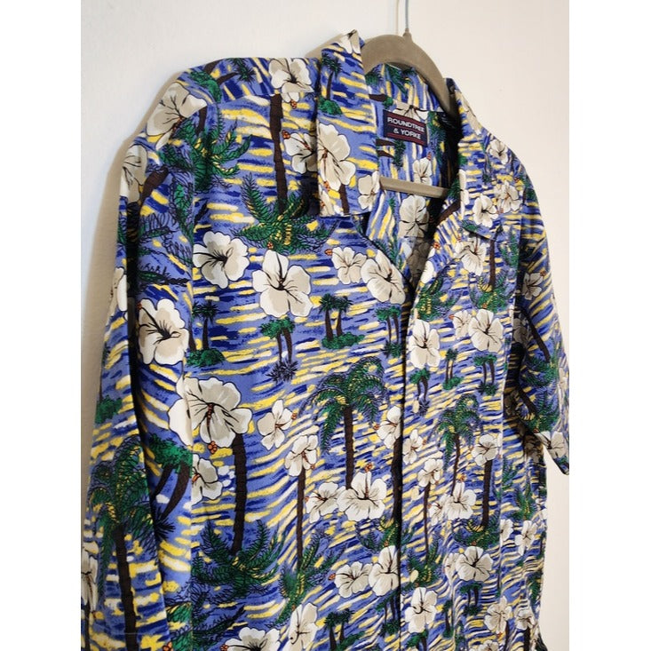 Roundtree & Yorke Blue Tropical Palm Print Hawaiian Shirt Size Medium