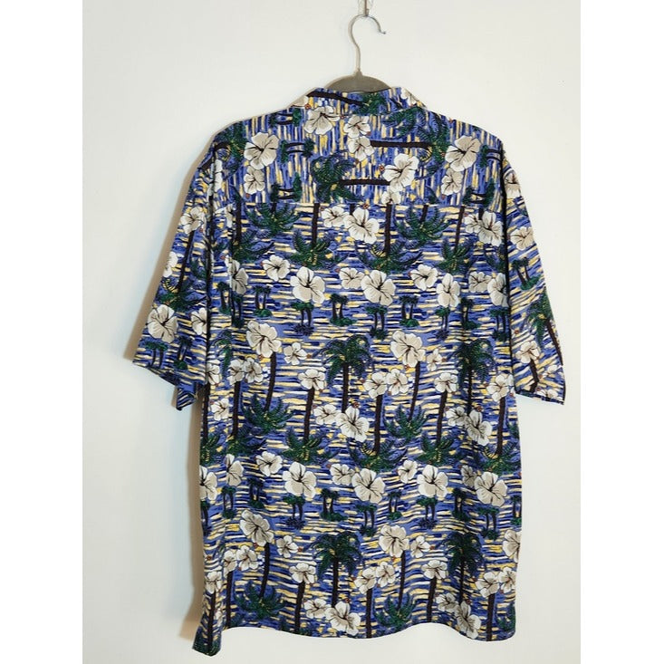 Roundtree & Yorke Blue Tropical Palm Print Hawaiian Shirt Size Medium