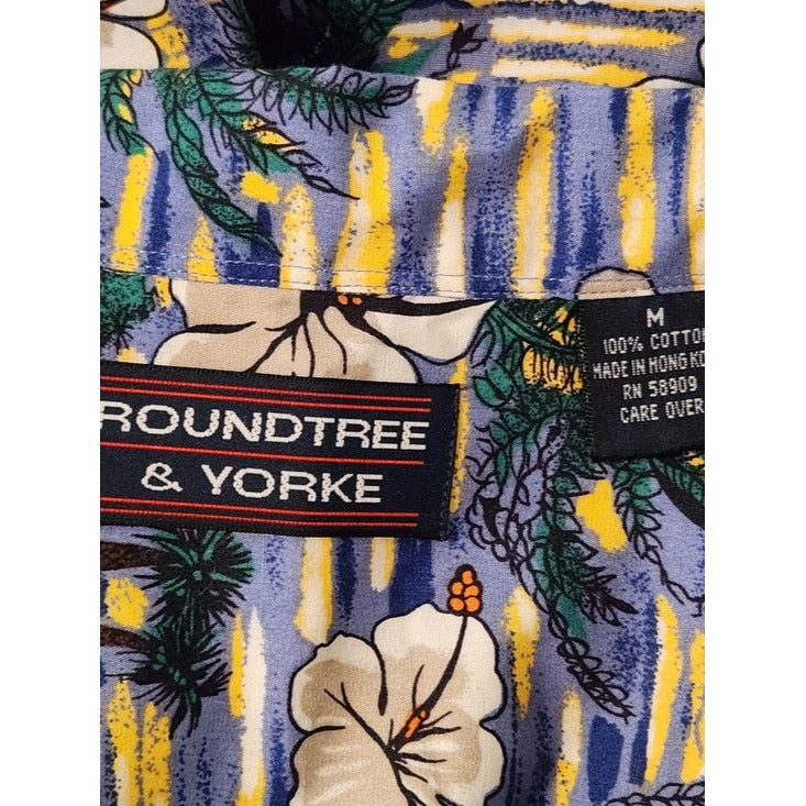 Roundtree & Yorke Blue Tropical Palm Print Hawaiian Shirt Size Medium