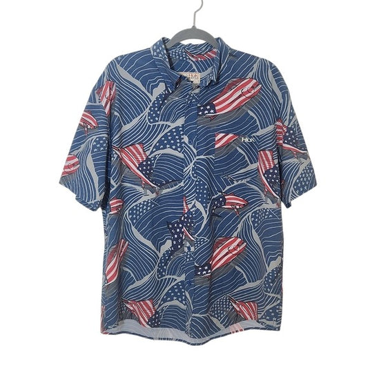 Huk Blue and Red Fish and Flag Button-up Shirt Size Large USA Flag Fishing Shirt