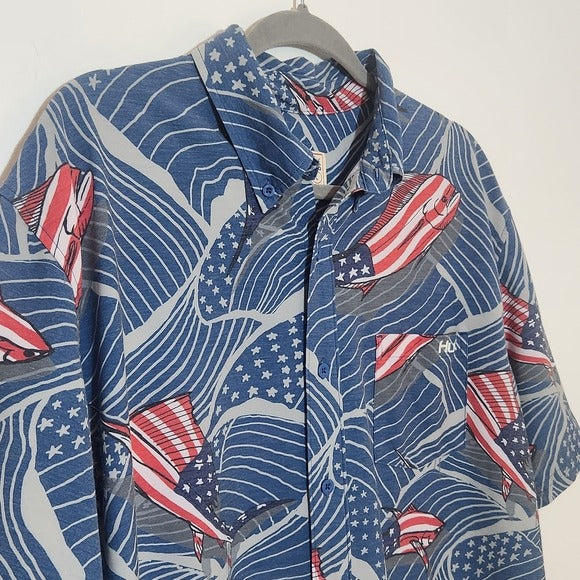 Huk Blue and Red Fish and Flag Button-up Shirt Size Large USA Flag Fishing Shirt