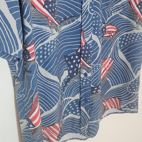 Huk Blue and Red Fish and Flag Button-up Shirt Size Large USA Flag Fishing Shirt