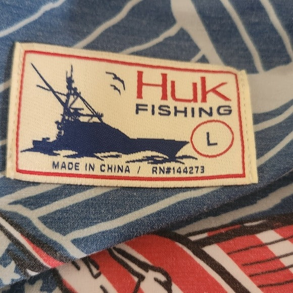 Huk Blue and Red Fish and Flag Button-up Shirt Size Large USA Flag Fishing Shirt