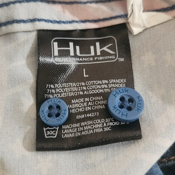 Huk Blue and Red Fish and Flag Button-up Shirt Size Large USA Flag Fishing Shirt