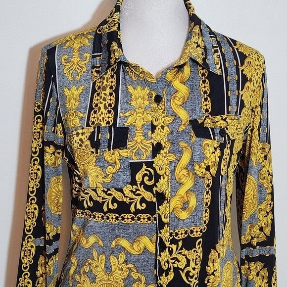 Fashion Nova Black and Gold Chain Print Top NWT Size Large Gold Chain Blouse